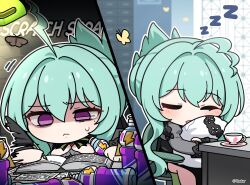  1girl ahoge aqua_hair book bottle chibi chibi_only closed_eyes commentary cup desk_lamp drooling energy_drink english_commentary english_text frown highres holding holding_bottle hugging_object lamp mole mole_under_eye nyx_(stella_sora) official_art open_book pillow quill saucer shaded_face short_hair_with_long_locks sleeping sleeping_upright sound_effects stella_sora sweatdrop teacup violet_eyes writing zzz 