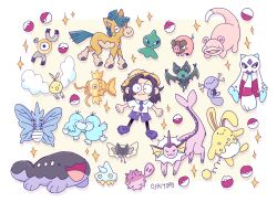  1girl :3 alternate_color azumarill bergmite brown_hair chibi clodsire closed_mouth collared_shirt commentary english_commentary fangs froslass full_body hat highres lechonk magikarp magnemite magnet medium_hair mudbray necktie noibat ojaiyart one-eyed open_mouth paldean_wooper poke_ball poke_ball_(basic) pokemon pokemon_(creature) pokemon_sv psyduck purple_necktie purple_shoes purple_shorts qwilfish rookidee school_uniform shiny_pokemon shirt shoes short_sleeves shorts shuppet slowpoke smile sparkle straw_hat swablu uva_academy_school_uniform vaporeon venomoth white_background white_shirt yellow_hat 