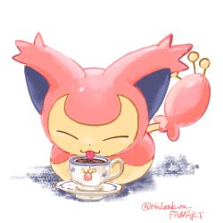  :3 closed_eyes commentary_request cup drinking full_body ha1zakura highres no_humans pokemon pokemon_(creature) pokemon_focus saucer skitty teacup tongue tongue_out twitter_username 