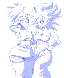  2girls abs belt caulifla crop_top dragon_ball dragon_ball_super hand_on_another's_waist kale_(dragon_ball) long_bangs midriff multiple_girls pants ponytail shirt shorts skirt stachewaffle wristband 