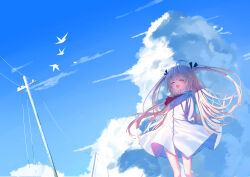  1girl :d ^_^ absurdres ahoge arms_behind_back ascot atri atri-my_dear_moments- bird black_ribbon blue_sailor_collar blue_sky blush buttons closed_eyes clouds cloudy_sky commentary cumulonimbus_cloud day dress feet_out_of_frame floating_clothes floating_hair hair_ribbon happy highres long_hair open_mouth outdoors red_ascot red_eyes ribbon sailor_collar sailor_dress scenery seagull sky smile solo standing two_side_up utility_pole very_long_hair white_dress wind ze_ping45283 