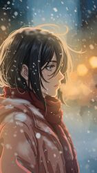  1girl absurdres black_hair blurry blurry_background coat grey_eyes hair_between_eyes highres medium_hair mikasa_ackerman os_erv outdoors parted_lips pink_coat profile red_scarf scar scar_on_cheek scar_on_face scarf shingeki_no_kyojin snowing solo twitter_username upper_body winter 