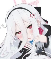  1girl anger_vein angry black_bow black_hairband blue_archive blue_necktie blush bow bright_pupils collared_shirt commentary double-parted_bangs frown hair_between_eyes hair_bow hair_spread_out hairband half_updo halo highres holding jacket kei_(blue_archive) kei_(new_body)_(blue_archive) kei_(robot)_(blue_archive) long_hair long_hair_between_eyes looking_at_viewer necktie open_clothes open_jacket open_mouth pink_halo pinky_out rectangular_halo red_eyes ringed_eyes school_uniform shirt simple_background sleeves_past_wrists solo squiggle toiuwake8140 upper_body upturned_eyes v-shaped_eyebrows white_background white_hair white_jacket white_pupils white_shirt 