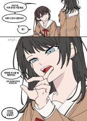  2girls a_jak bang_dream! bang_dream!_it's_mygo!!!!! blue_eyes brown_dress dress finger_in_own_mouth hanasakigawa_school_uniform highres korean_text long_sleeves mole mole_under_eye multiple_girls open_mouth sailor_dress school_uniform shiina_taki simple_background translation_request violet_eyes white_background yahata_umiri 