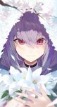  1girl absurdres atsuko_(blue_archive) blue_archive blurry cherry_blossoms closed_mouth depth_of_field flower hair_between_eyes highres kji_(rozo) lily_(flower) long_hair looking_at_viewer purple_hair red_eyes solo straight-on upper_body white_flower 