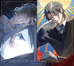  1boy 1girl bare_shoulders black_hair black_jacket black_pants black_sash blonde_hair braid breasts bridal_gauntlets buttons closed_eyes closed_mouth collared_shirt commentary_request cross_tie crown_braid detached_sleeves dress final_fantasy final_fantasy_xv gloves gold_necklace hair_between_eyes hair_ornament head_on_hand jacket jewelry korean_commentary korean_text layered_sleeves light_smile long_dress long_hair lunafreya_nox_fleuret medium_breasts migo45 moon necklace noctis_lucis_caelum pants parted_bangs ponytail sash shirt short_hair sitting sky star_(sky) starry_sky strapless strapless_dress sun twitter_username upper_body white_dress white_gloves white_shirt 