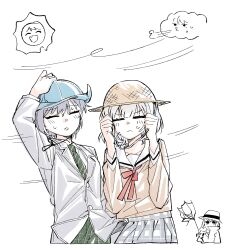  3girls :< absurdres bang_dream! bang_dream!_it's_mygo!!!!! blue_hat blush brown_hat brown_shirt chihaya_anon commentary diagonal-striped_clothes diagonal-striped_necktie fang green_necktie grey_hair grey_jacket grey_skirt hanasakigawa_school_uniform haneoka_school_uniform hat highres jacket kaname_raana korean_commentary long_sleeves multiple_girls mygo!!!!!_(bang_dream!) nagasaki_soyo necktie neonfloyd open_mouth sailor_collar school_uniform serafuku shiina_taki shirt skirt striped_clothes sun sweatdrop takamatsu_tomori white_hair white_sailor_collar wind 