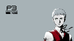  1boy absurdres bandaid bandaid_on_face bandaid_on_head closed_mouth collared_shirt copyright_name grey_background grey_eyes grey_theme highres male_focus official_art persona persona_3 persona_3_reload red_vest sanada_akihiko second-party_source shimada_azusa shirt short_hair simple_background solo vest white_shirt 