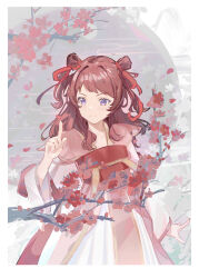  1girl absurdres blue_eyes border branch cherry_blossoms chinese_clothes commentary da_tengzi double_bun dress falling_petals gakuen_idolmaster hair_bun hanami_saki hanfu highres idolmaster long_hair long_sleeves petals pink_dress qixiong_ruqun red_hair red_sash sash sidelocks smile solo violet_eyes white_border 