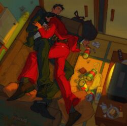  1980s_(style) 2boys beer_can black_hair can controller couch crt drink_can highres kiryu_kazuma male_focus messy_room multiple_boys nibbles488402 nishikiyama_akira red_suit remote_control retro_artstyle ryuu_ga_gotoku_(series) ryuu_ga_gotoku_0 sleeping suit trash_bag 