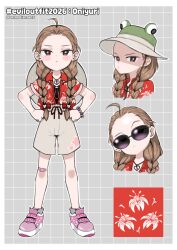  1girl absurdres ahoge artist_name bracelet braid brown_hair brown_shorts closed_mouth commentary evil_neuro-sama forehead full_body har hashtag-only_commentary highres jewelry lethediana415 long_hair multiple_views pink_shoes red_eyes red_shirt shirt shoes short_hair shorts standing symbol-only_commentary twin_braids vedal_ai virtual_youtuber 