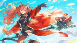  1girl :d absurdres angelina_(arknights) animal_ear_fluff animal_ears arknights arknights:_endfield arm_up bag bare_shoulders black_bag black_dress black_gloves black_thighhighs blue_sky bracelet breasts clouds coat dress elbow_gloves floating_paper fox_ears fox_girl gilberta_(arknights) gloves high_collar highres holding holding_staff impossible_clothes impossible_dress infection_monitor_(arknights) jewelry long_hair long_sleeves looking_at_viewer looking_to_the_side medium_breasts messenger_bag neema_(oneemasan) off_shoulder open_clothes open_coat orange_eyes outdoors polaroid_photo red_coat short_dress shoulder_bag sky sleeveless sleeveless_dress smile solo staff staff_riding teeth thigh-highs twintails upper_teeth_only wide_sleeves zettai_ryouiki 