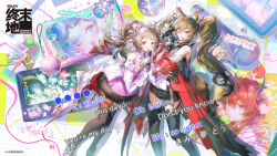  2girls :d angelina_(arknights) animal_ears ardelia_(arknights) arknights arknights:_endfield asymmetrical_gloves aurora_(arknights) baby_animal bare_shoulders belt black_dress black_gloves black_thighhighs bracelet character_name charm_(object) chinese_commentary coat commentary_request demon_girl demon_horns diamond-shaped_pupils diamond_(shape) dot_nose dress elevation_contour_lines endministrator_(arknights) english_text fingerless_gloves food food_on_face fox_girl fox_shadow_puppet fox_tail gilberta_(arknights) gloves high_belt highres holding holding_microphone horns ice_cream infection_monitor_(arknights) jell_(jell_y_fish) jewelry karaoke laevatein_(arknights) lamb licking little_black_sheep_(arknights) long_hair long_sleeves lyrics m3_(arknights) microphone multiple_girls music open_clothes open_coat purple_dress red_coat red_gloves red_hair sheep sheep_ears sheep_girl sheep_horns short_dress side_ponytail singing sleeveless sleeveless_dress smile snowshine_(arknights) surtr_(arknights) symbol-shaped_pupils tablet_pc tail thigh-highs twintails wide_sleeves wings zettai_ryouiki 