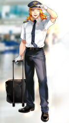  1boy ;d adjusting_clothes adjusting_headwear alternate_costume arm_up belt belt_buckle black_belt black_pants black_shoes blonde_hair blue_hat blue_necktie blue_pants blurry blurry_background buckle collared_shirt commentary_request contemporary dress_shirt forked_eyebrows full_body gloves hashimoto_(yanagi-momo) hat holding holding_suitcase kimetsu_no_yaiba long_hair looking_at_viewer male_focus medium_hair multicolored_eyes multicolored_hair necktie one_eye_closed open_mouth pants police police_hat police_uniform red_eyes red_hair rengoku_kyoujurou shirt shoes short_sleeves smile solo standing streaked_hair suitcase teeth two-tone_hair white_gloves white_shirt wing_collar yellow_eyes 