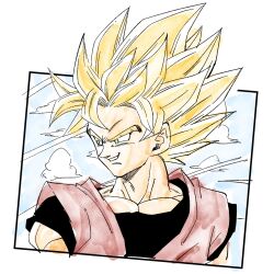  1boy 1rasutotoukou black_shirt blonde_hair dougi dragon_ball dragon_ball_z green_eyes hashtag-only_commentary highres male_focus medium_hair muscular muscular_male orange_shirt shirt smirk solo son_goku spiky_hair super_saiyan super_saiyan_1 