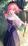  1girl absurdres archery bai_ou_(crazy_ones) bow bow_(weapon) breasts crazy_ones drawing_bow gloves hakama hakama_skirt highres holding holding_bow_(weapon) holding_weapon japanese_clothes kimono kyuudou medium_breasts muneate official_art partially_fingerless_gloves pink_eyes pink_hair purple_bow purple_hakama skirt solo standing weapon white_kimono wooden_floor yugake 