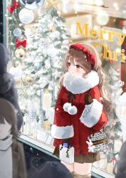  2boys 3girls bag bag_charm black_ribbon bottle bow brown_eyes brown_hair brown_mittens brown_skirt candle charm_(object) christmas christmas_ornaments christmas_star christmas_tree closed_mouth coat cowboy_shot double-parted_bangs fur-trimmed_mittens fur-trimmed_sleeves fur_collar fur_trim gift_bag hair_ribbon hairband heart highres holding holding_bag long_hair merry_christmas mittens multiple_boys multiple_girls nagisa_(pan_to_honey) original outdoors paper_bag pleated_skirt pom_pom_(clothes) red_bow red_coat red_hairband red_ribbon ribbon santa_costume skirt snowing solo_focus star_(symbol) white_bag zettai_ryouiki 