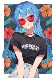 1girl asymmetrical_sidelocks black_shirt black_t-shirt blue_eyes blue_hair closed_mouth clothes_writing colored_inner_hair commentary_request double-parted_bangs earrings floral_background hair_between_eyes half_updo highres hololive hoshimachi_suisei jewelry long_hair looking_at_viewer multicolored_hair nametakeko necklace pants shirt shirt_tucked_in short_sleeves sidelocks solo star_(symbol) star_in_eye straight-on sunglasses symbol_in_eye t-shirt upper_body virtual_youtuber white_pants