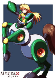 1girl absurdres android arm_cannon arm_up armor black_background blonde_hair border centaur centaur_man closed_mouth commentary_request earrings fake_horns full_body genderswap genderswap_(mtf) gloves green_armor green_helmet hair_between_eyes helmet highres holding holding_unworn_helmet hooves horned_helmet horns horse_tail jewelry kotatuman_dash long_hair looking_at_viewer mega_man_(classic) mega_man_(series) mega_man_6 multiple_legs rearing red_eyes sidelocks simple_background smile solo standing tail taur unworn_headwear unworn_helmet weapon white_border white_gloves