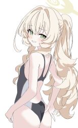  1girl :d ass backless_swimsuit blonde_hair blue_archive breasts facing_away green_eyes hair_between_eyes halo highres kamitosayu long_hair looking_at_viewer one-piece_swimsuit ponytail professor_niyaniya_(blue_archive) side_ahoge simple_background small_breasts smile solo swimsuit white_background yellow_halo 