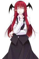  1girl black_skirt black_vest buttons closed_eyes closed_mouth collared_shirt commentary_request cowboy_shot crote demon_wings facing_viewer hand_on_own_chin hand_on_own_face hand_to_own_mouth hand_up head_wings highres koakuma large_variant_set long_hair long_skirt long_sleeves necktie pointy_ears red_hair red_necktie shirt skirt skirt_set sleeve_cuffs smile solo sparkle tachi-e touhou transparent_background variant_set vest white_shirt wings 