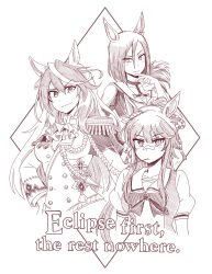  3girls absurdres air_groove_(empress_road)_(umamusume) air_groove_(umamusume) animal_ears ascot bandaid bandaid_on_face bandaid_on_nose breasts clothing_cutout commentary_request english_text epaulettes galois greyscale hair_between_eyes hatching_(texture) highres horse_ears horse_girl jacket medal medium_breasts monochrome mouth_hold multicolored_hair multiple_girls narita_brian_(umamusume) o-ring rope sailor_collar school_uniform serafuku shimenawa shoulder_cutout single_epaulette smile stalk_in_mouth streaked_hair symboli_rudolf_(emperor's_path)_(umamusume) symboli_rudolf_(umamusume) tracen_school_uniform umamusume 