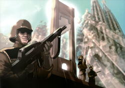 3boys army artist_request assault_rifle cathedral church combat_helmet gloves guillotine gun gundam gundam_perfect_file helmet highres light_rays magazine_scan military_uniform multiple_boys official_art painting_(medium) realistic rifle scan scene_reference science_fiction soldier sunbeam sunlight traditional_media victory_gundam weapon zanscare 
