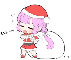  1girl :o alternate_costume anyoji_hime blush boots capelet chibi chibi_only closed_eyes commentary flying_sweatdrops full_body fur-trimmed_capelet fur-trimmed_headwear fur-trimmed_skirt fur_trim hat link!_like!_love_live! love_live! midriff miniskirt multi-tied_hair open_mouth pink_hair ponytail red_boots red_capelet red_hat red_shirt red_skirt santa_costume santa_hat shirt sidelocks simple_background skirt solo sweatdrop tazaki_masanobu virtual_youtuber white_background 