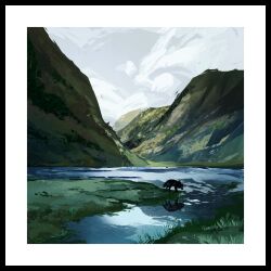  absurdres animal border commentary day drinking highres lake mountainous_horizon nature no_humans original outdoors painterly reflection reflective_liquid scenery twulfs valley white_border wide_shot 