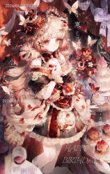  1girl absurdres artist_name blunt_bangs bottle bouquet bow brown_bow brown_butterfly brown_flower bug butterfly cake cake_hair_ornament closed_mouth collarbone colored_eyelashes commission cowboy_shot cup dated dress drinking_glass eyelashes flower food food-themed_hair_ornament fruit glass hair_ornament hairclip heterochromia highres looking_afar mihuashi_commission mole mole_under_eye musical_note off-shoulder_dress off_shoulder original puffy_short_sleeves puffy_sleeves red_butterfly red_eyes red_flower red_hair short_sleeves sidelocks smile solo strawberry too_many_watermarks watermark white_flower wine_bottle wine_glass xingchunxiang yellow_eyes 