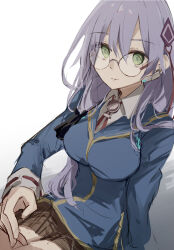  1girl commentary_request glasses green_eyes hair_ornament heaven_burns_red izumi_yuki_(heaven_burns_red) long_hair mogupon school_uniform simple_background 