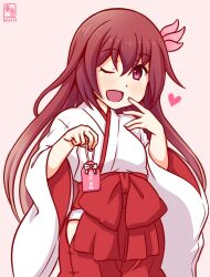  1girl artist_logo brown_eyes brown_hair clothing_cutout commentary_request dated hair_ornament hakama heart hip_vent japanese_clothes kanon_(kurogane_knights) kantai_collection kimono kisaragi_(kancolle) logo miko one-hour_drawing_challenge one_eye_closed pink_background red_hakama simple_background smile solo white_kimono wide_sleeves 