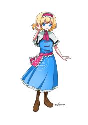  1girl alice_margatroid artist_name bad_id bad_twitter_id blonde_hair blue_dress blue_eyes boots brown_boots capelet closed_mouth commentary_request dress frilled_dress frilled_hairband frilled_sash frills full_body hairband lolita_hairband looking_at_viewer maa_(forsythia1729) medium_hair sash simple_background smile solo touhou watermark white_background white_capelet 