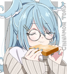  1girl :t anime_coloring blue_hair blue_nails blue_wings blush border bread bread_slice brown_cardigan cardigan closed_eyes closed_mouth crumbs double-parted_bangs earrings eating elira_pendora elira_pendora_(3rd_costume) english_text feathered_wings food grey-framed_eyewear grey_background hair_behind_ear hair_between_eyes hair_ornament hairclip head_wings high_ponytail holding holding_food jewelry long_hair nijisanji nijisanji_en npppiyo official_alternate_costume outside_border parallel_hairclips ponytail portrait round_eyewear shirt sidelocks sleeves_past_wrists solo toast turtleneck two-tone_wings u_u virtual_youtuber white_border white_shirt white_streaks white_wings wings 