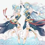  2girls alternate_costume anklet atoatto azura_(fire_emblem) azura_(resplendent)_(fire_emblem) barefoot blue_dress blue_hair breasts detached_sleeves dress fingerless_gloves fire_emblem fire_emblem_fates fire_emblem_heroes flower gloves hair_bun hair_flower hair_ornament hairband jewelry kana_(female)_(fire_emblem) kana_(fire_emblem) light_blue_hair long_hair maid_headdress matching_outfits mother_and_daughter multiple_girls official_alternate_costume pointy_ears single_bare_leg small_breasts thighlet very_long_hair white_background white_gloves yellow_eyes 
