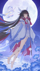  1girl absurdres barefoot black_hair blunt_bangs closed_eyes closed_mouth coat colored_inner_hair columbina_(genshin_impact) commentary_request dress floating flower full_body full_moon genshin_impact gradient_hair hair_ornament highres long_hair low-tied_sidelocks luonnotar_(genshin_impact) moon multicolored_hair night pink_hair red_hair sidelocks sky smile solo two-tone_hair very_long_hair white_coat wisteriafalls 