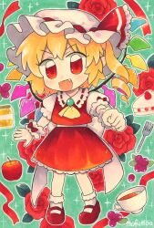  1girl apple ascot bad_id bad_twitter_id blonde_hair cake cake_slice chibi chibi_only clenched_hand crystal crystal_wings cup fang flandre_scarlet flower food frilled_skirt frills fruit hat highres looking_at_viewer maa_(forsythia1729) mary_janes mob_cap multicolored_wings one_side_up open_mouth pointy_ears red_eyes red_flower red_rose red_shoes red_skirt red_vest rose shoes skirt skirt_set smile socks solo tea teacup touhou traditional_media vest white_hat white_socks wings wrist_cuffs yellow_ascot 