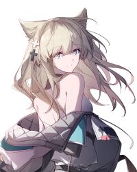  1girl animal_ears arknights arknights:_endfield blonde_hair breasts grey_eyes grey_jacket hair_ornament hibioes highres jacket long_hair long_sleeves medium_breasts off_shoulder open_mouth perlica_(arknights) simple_background solo white_background 
