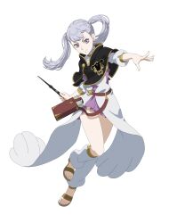  1girl absurdres black_bulls_(emblem) black_capelet black_clover black_clover_m:_rise_of_the_wizard_king capelet dress earrings full_body grey_hair highres holding holding_wand incredibly_absurdres jewelry looking_at_viewer noelle_silva non-web_source official_art pink_dress pink_eyes sandals simple_background solo transparent_background twintails two-tone_dress wand white_dress 