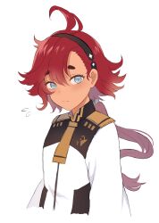  1girl antenna_hair asticassia_school_uniform black_hairband commentary_request dot_nose fhlen flying_sweatdrops gundam gundam_suisei_no_majo hair_between_eyes hair_flaps hairband highres logo long_hair looking_at_viewer low_ponytail necktie ponytail red_hair school_uniform shoulder_boards simple_background solo suletta_mercury thick_eyebrows white_background yellow_necktie 