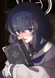  1girl absurdres artist_name bags_under_eyes black_hair blue_archive book cardigan cardigan_partially_removed commentary_request crossed_bangs cursive dated english_text grey_cardigan hair_between_eyes hairband halo highres holding holding_book jewelry long_hair long_sleeves looking_at_viewer neckerchief necklace open_cardigan open_clothes parted_lips purple_hairband purple_neckerchief sailor_collar school_uniform serafuku sleeves_past_wrists small_sweatdrop solo twitter_username ui_(blue_archive) umibudou undershirt violet_eyes white_sailor_collar white_serafuku yellow_halo 