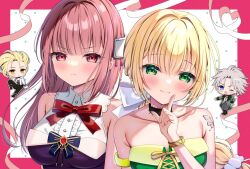  2boys 2girls bare_shoulders blonde_hair bow breasts chibi choker closed_mouth commentary_request green_eyes gustaf hair_ribbon index_finger_raised jewelry long_hair looking_at_viewer multi-tied_hair multiple_boys multiple_girls one_eye_closed ponytail primiera_(saga) ribbon roberto_(saga) saga saga_frontier_2 smile very_long_hair virginia_knights 