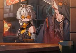 1boy 1girl drinking looking_at_another medium_hair short_hair smile soldier_11_(zenless_zone_zero) wise_(zenless_zone_zero) zenless_zone_zero
