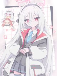  >_< 2girls anzen_robo_(474zz) black_hairband black_jacket black_skirt black_thighhighs blazer blue_archive blue_necktie chibi chibi_inset coat collared_shirt commentary cowboy_shot flower frown gradient_background grey_background grid_background hair_between_eyes hairband halo headpat jacket kei_(blue_archive) kei_(new_body)_(blue_archive) long_hair long_sleeves looking_at_viewer multiple_girls necktie orange_hair parted_bangs pleated_skirt rectangular_halo red_eyes shirt simple_background skirt thigh-highs very_long_hair white_background white_coat white_hair white_shirt yuzu_(blue_archive) 