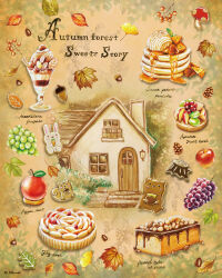  apple cake commentary_request cookie fig_tart food food_focus fruit fruit_tart grapes highres house leaf mushroom no_humans original pancake pancake_stack parfait pound_cake saku_sakuraba16 tart_(food) 