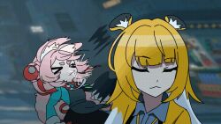 >_< adjusting_hair animal_ears bunny_girl carrot force-feeding ju_fufu long_hair looking_away meme multiple_girls naoya_hitting_choso_without_looking_(meme) rabbit_ears tiger_ears tiger_girl zenless_zone_zero zhao_(zenless_zone_zero)