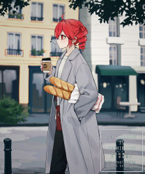  1girl ahoge baguette black_pants blurry blurry_background bread closed_mouth coat commentary_request ctd_114 cup day disposable_coffee_cup disposable_cup drill_hair feet_out_of_frame food from_side grey_coat hair_between_eyes hair_intakes hand_in_pocket highres holding holding_cup kasane_teto long_sleeves nail_polish open_clothes open_coat outdoors pants profile red_hair red_nails short_hair solo standing sweater utau watermark white_sweater 