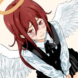  1boy angel_devil_(chainsaw_man) angel_wings blush chainsaw_man commentary_request crossdressing crossdressing_(mtf) dress dutch_angle fourth_east_high_school_uniform from_above hair_between_eyes halo highres isuke_(isuke_now) long_hair male_focus pinafore_dress pleated_dress raised_inner_eyebrows red_eyes red_hair school_uniform shirt sleeveless sleeveless_dress solo sweat trap white_shirt wings 