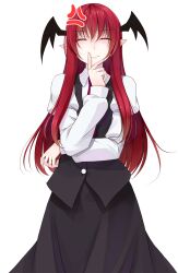  1girl anger_vein black_skirt black_vest buttons closed_eyes closed_mouth collared_shirt commentary_request cowboy_shot crote demon_wings facing_viewer hand_on_own_chin hand_on_own_face hand_to_own_mouth hand_up head_wings highres koakuma large_variant_set long_hair long_skirt long_sleeves necktie pointy_ears red_hair red_necktie shirt skirt skirt_set sleeve_cuffs smile solo tachi-e touhou transparent_background variant_set vest white_shirt wings 