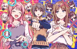  5girls ^_^ angry animal_ears bang_dream! bang_dream!_it's_mygo!!!!! blue_eyes blue_hoodie blush brown_eyes brown_hair brown_hoodie brown_skirt cat_ears cat_girl chihaya_anon chromatic_aberration closed_eyes closed_mouth commentary cross_hair_ornament dress fang grey_dress grey_hair hair_ornament hairclip heterochromia highres holding holding_microphone hood hoodie kaname_raana long_hair long_sleeves microphone mole mole_under_eye multiple_girls mygo!!!!!_(bang_dream!) nagasaki_soyo open_mouth pinafore_dress pink_hair puffy_short_sleeves puffy_sleeves revision shiina_taki shirt short_hair short_sleeves sidelocks skin_fang skirt sleeveless sleeveless_dress takamatsu_tomori white_hair white_shirt yellow_eyes yukitake_(bullfalk) 